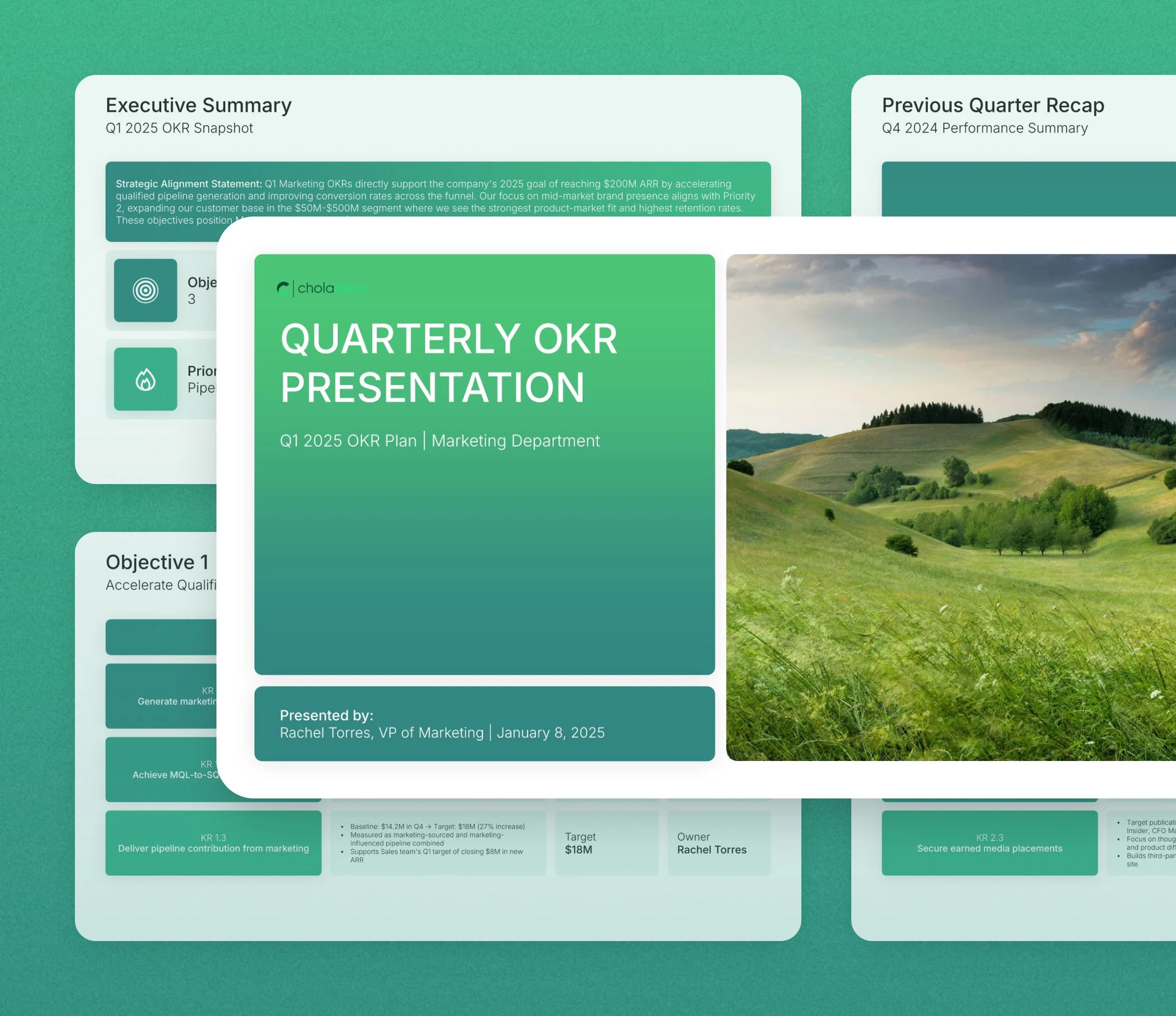 OKR template: the title slide in front of other slides from the 12-slide deck