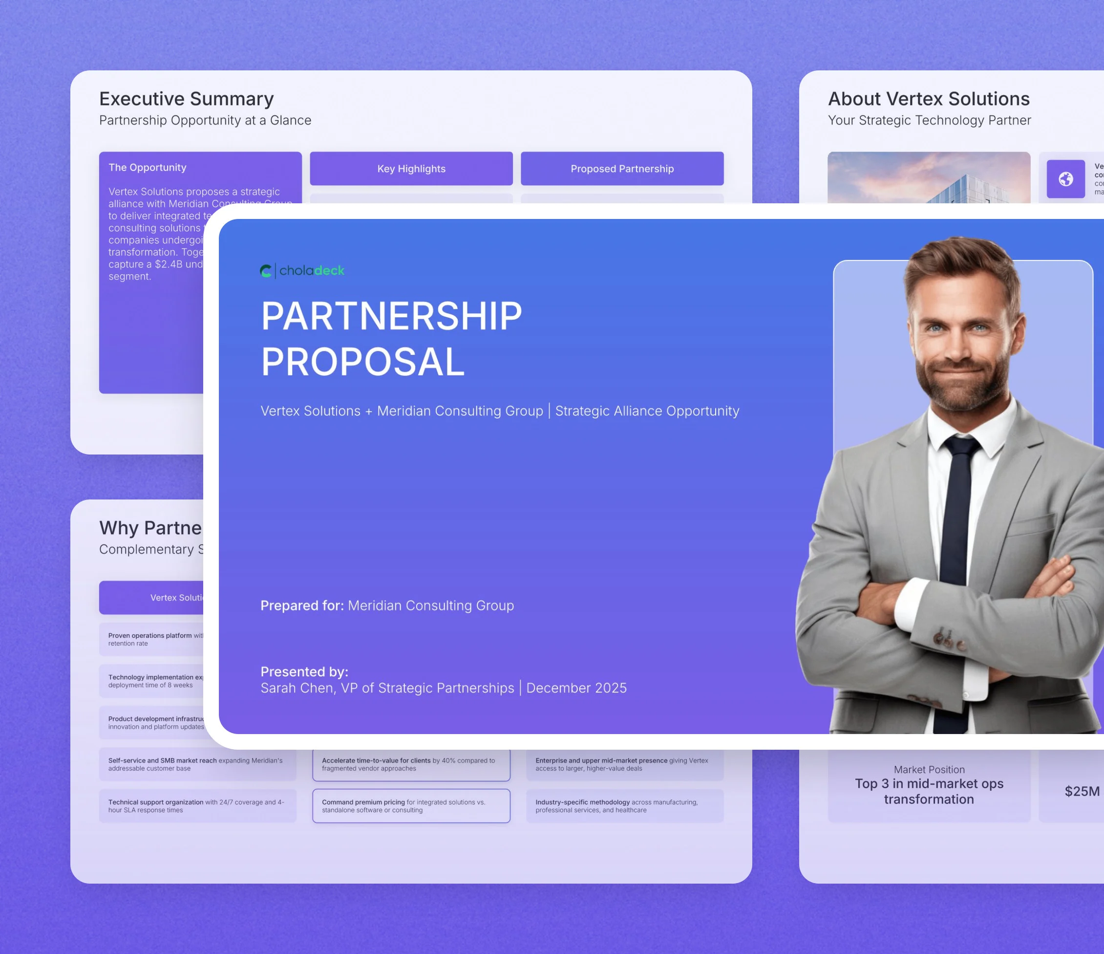 Partnership proposal template: the title slide in front of other slides from the 18-slide deck