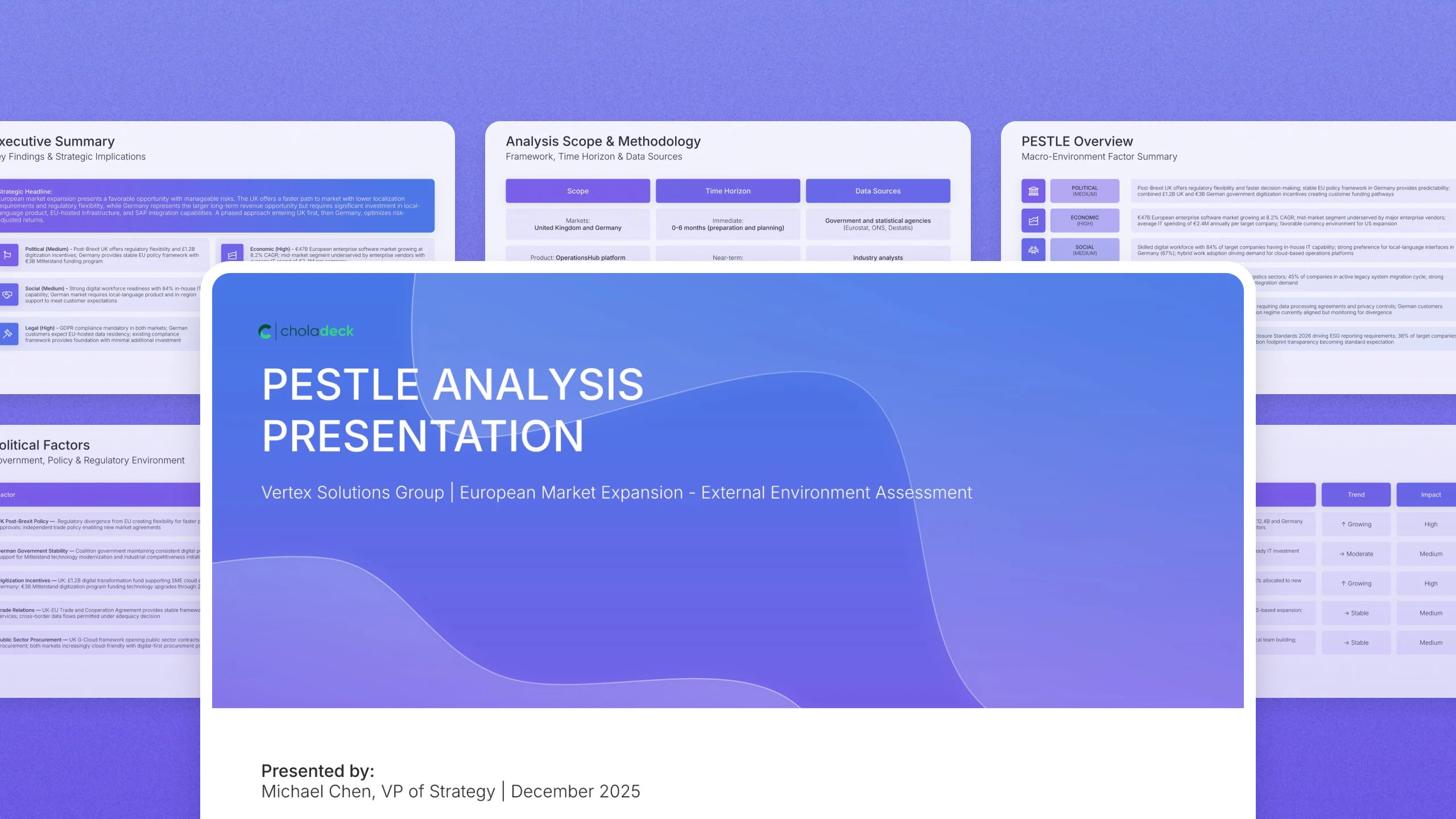 PESTLE analysis template, 14 editable slides