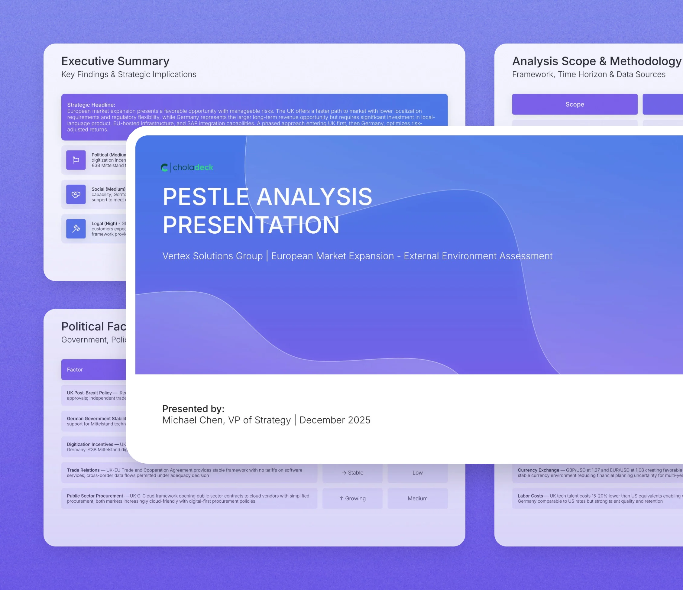 PESTLE analysis template: the title slide in front of other slides from the 14-slide deck