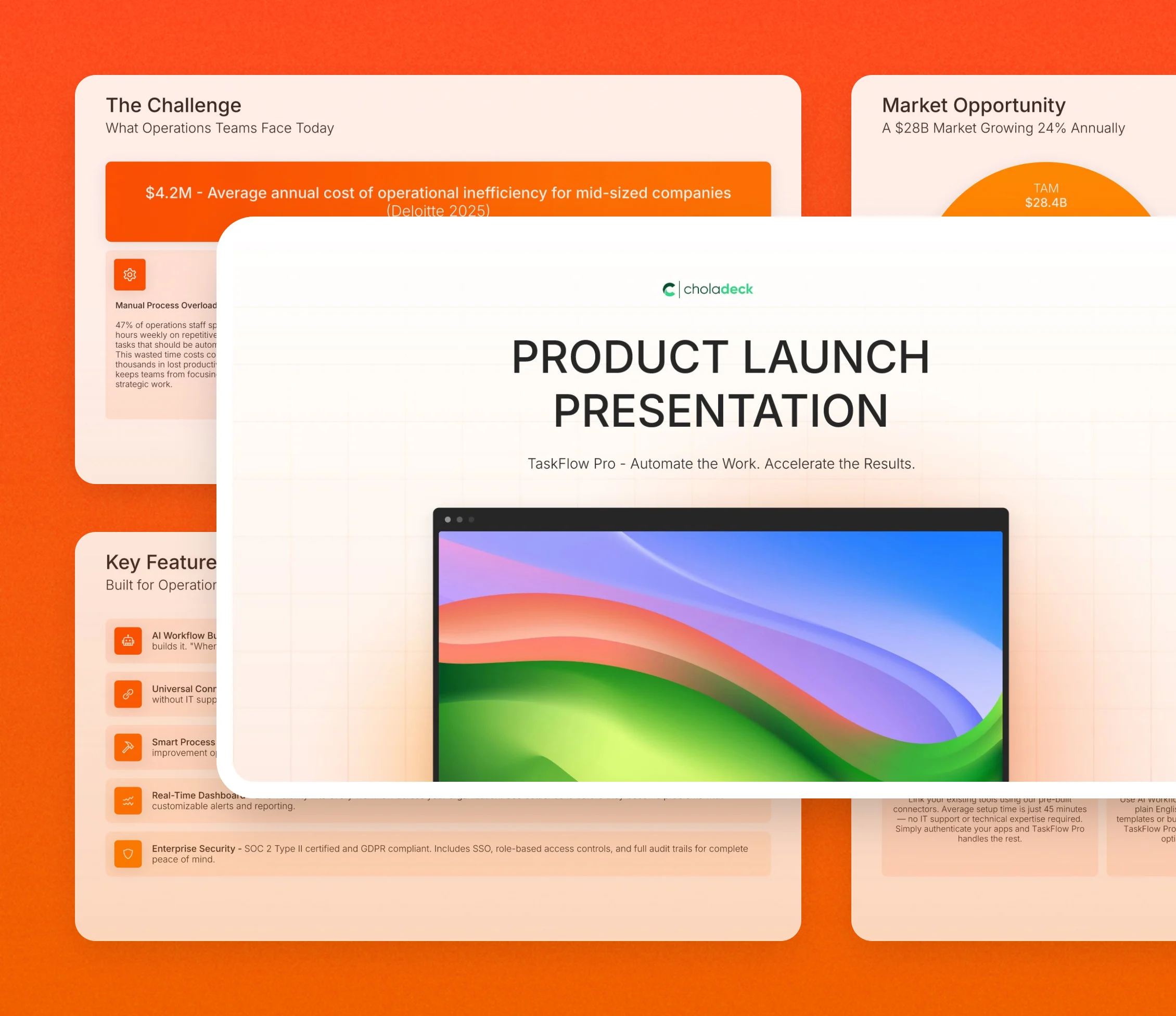 Product launch presentation template: the title slide in front of other slides from the 18-slide deck