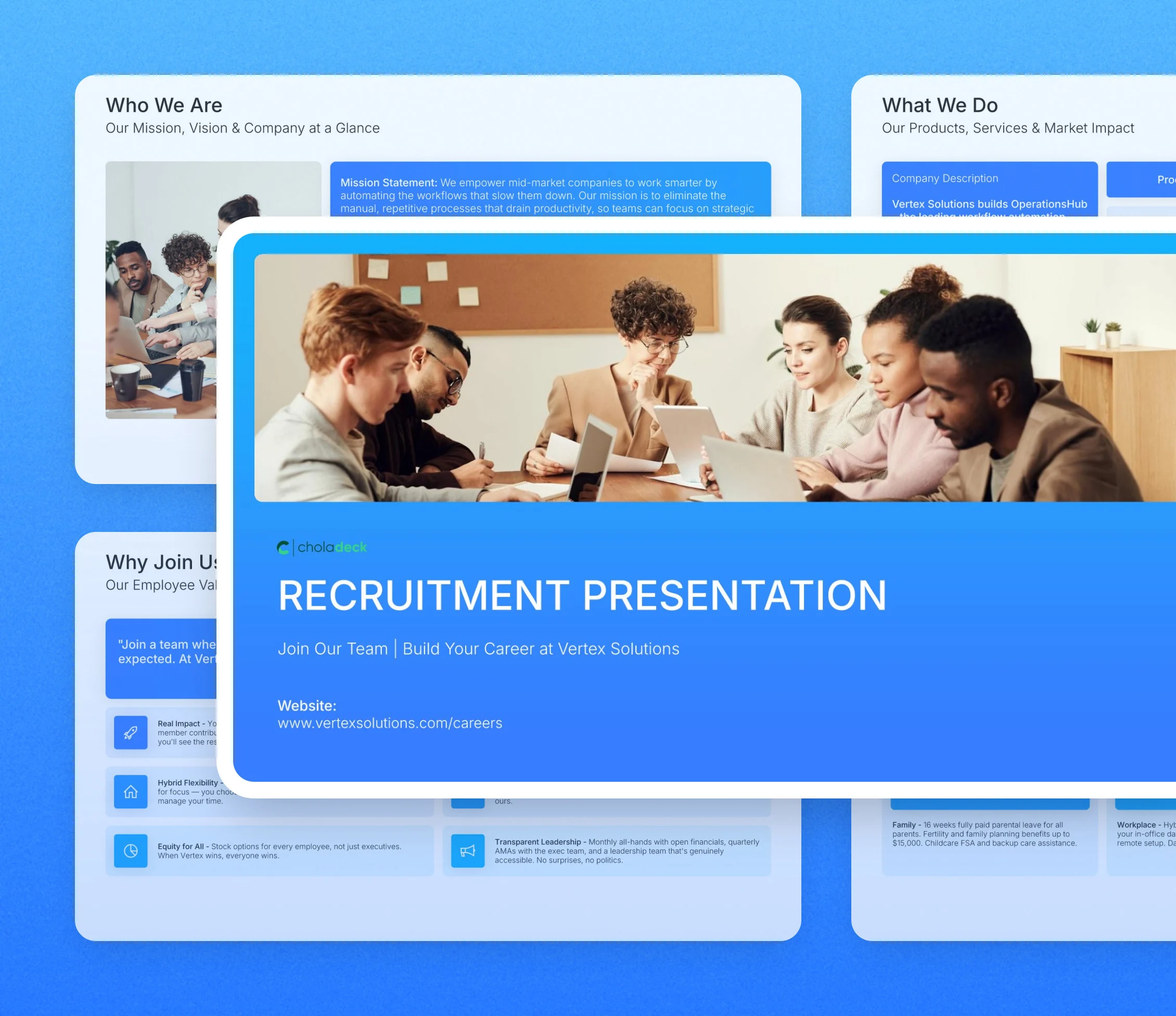 Recruitment presentation template: the title slide in front of other slides from the 12-slide deck