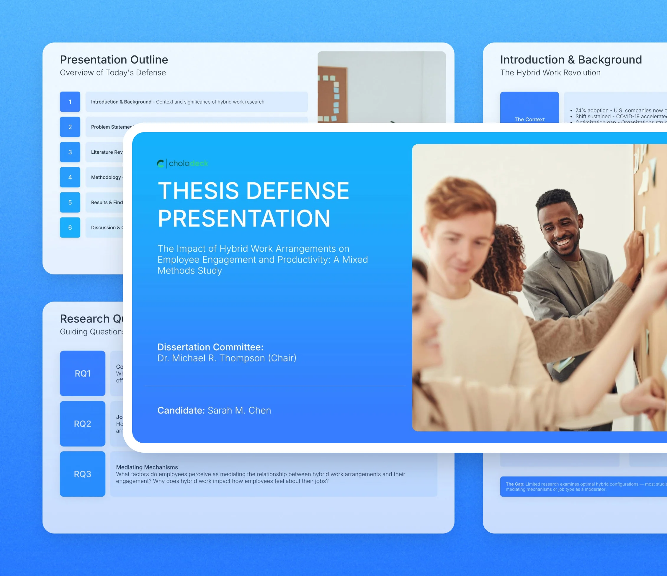 Thesis defense presentation template: the title slide in front of other slides from the 18-slide deck
