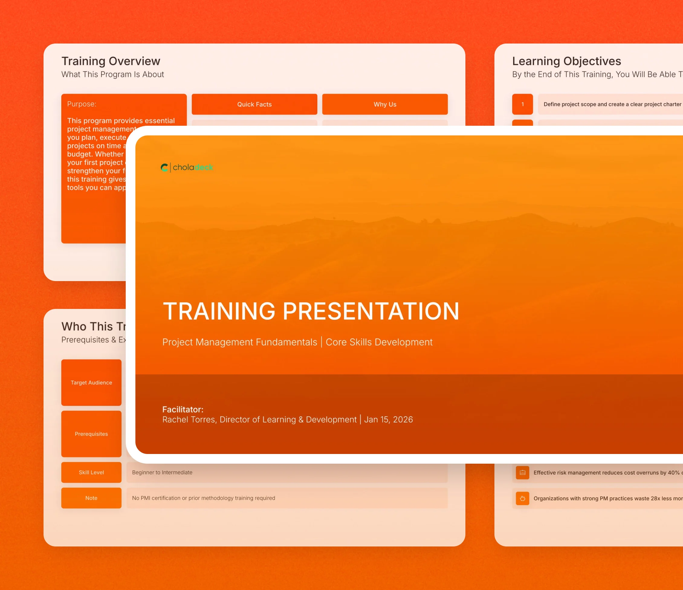 Training presentation template: the title slide in front of other slides from the 20-slide deck