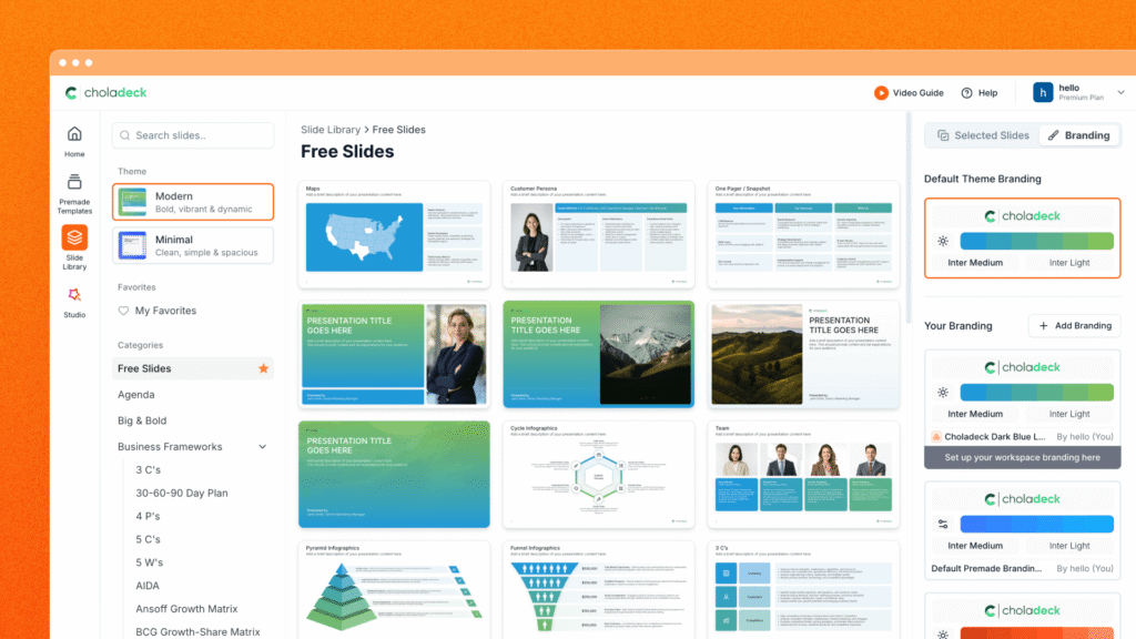 Choladeck Slide Library with a branding panel showing theme colors and saved brands.