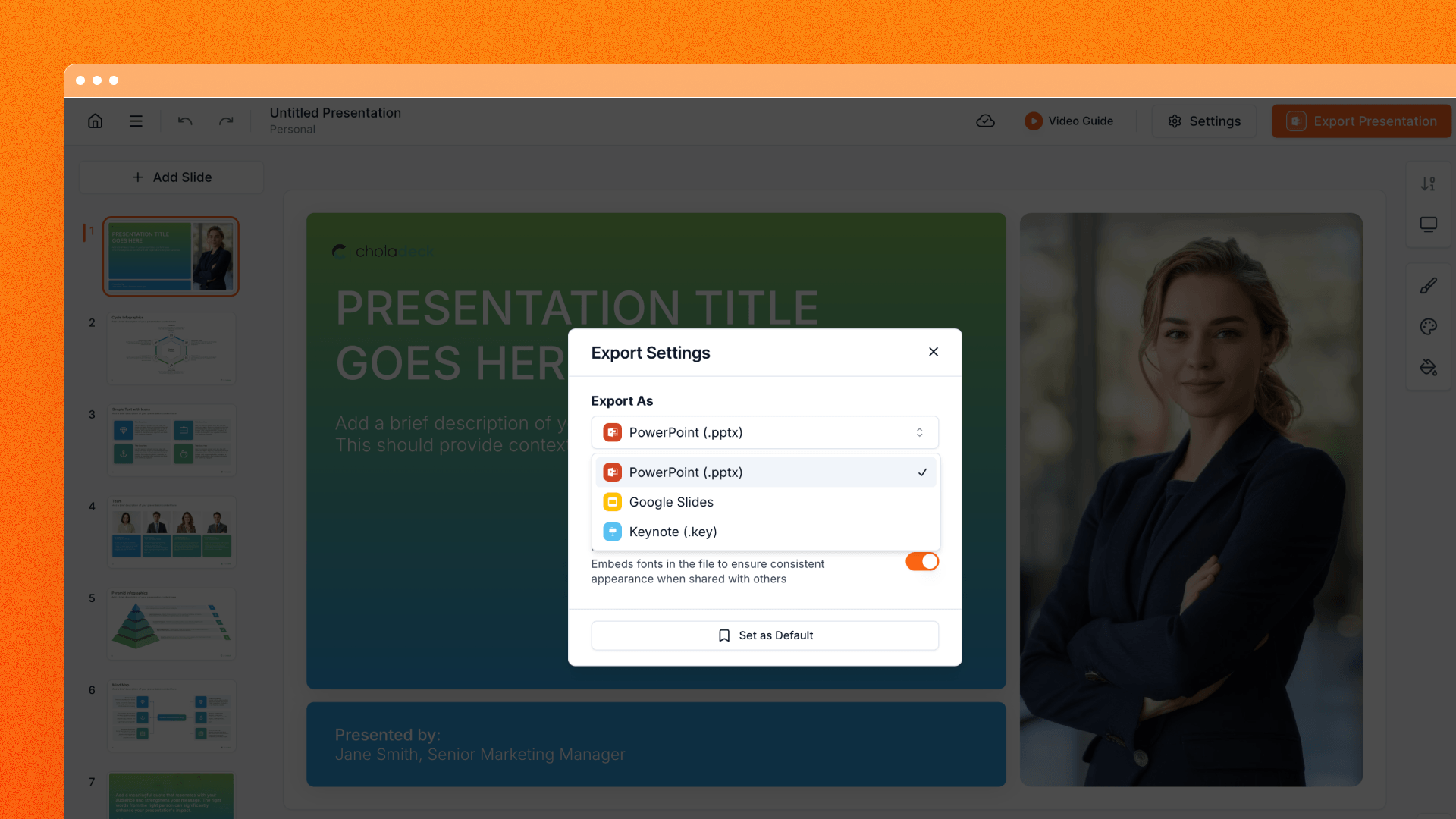 Export to PowerPoint, Google Slides or Keynote
