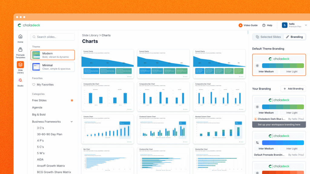 Slide Library Charts category showing funnel, bar and column chart slides with a branding panel.
