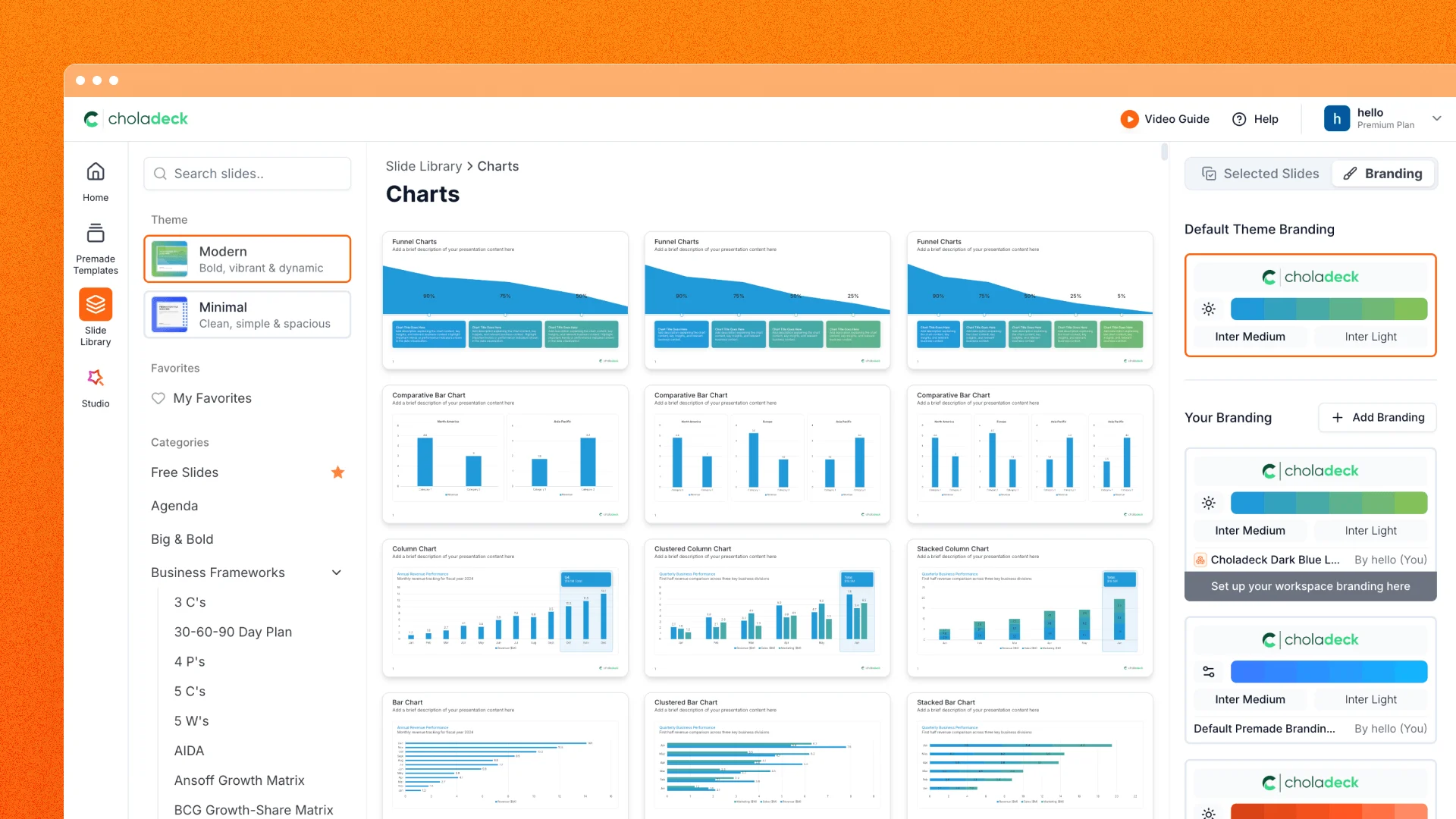 Slide Library Charts category showing funnel, bar and column chart slides with a branding panel.