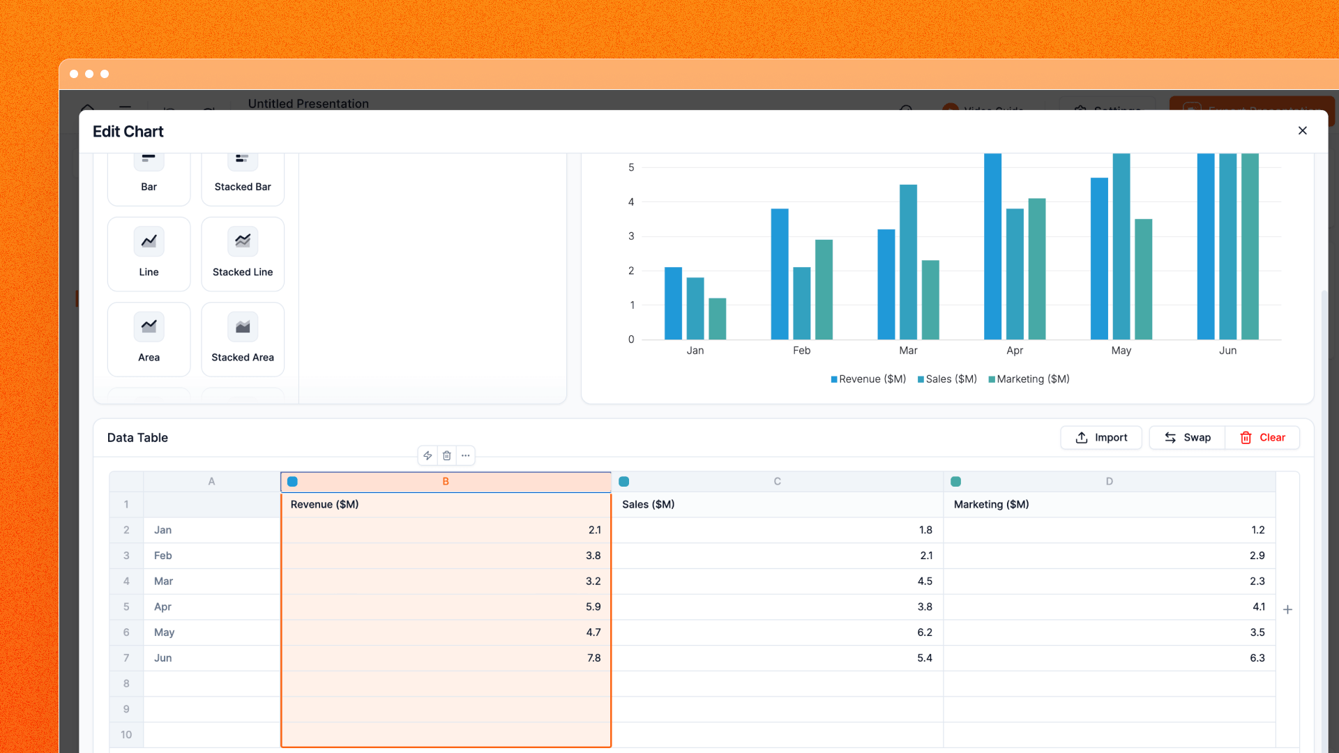 Edit chart data in a spreadsheet view
