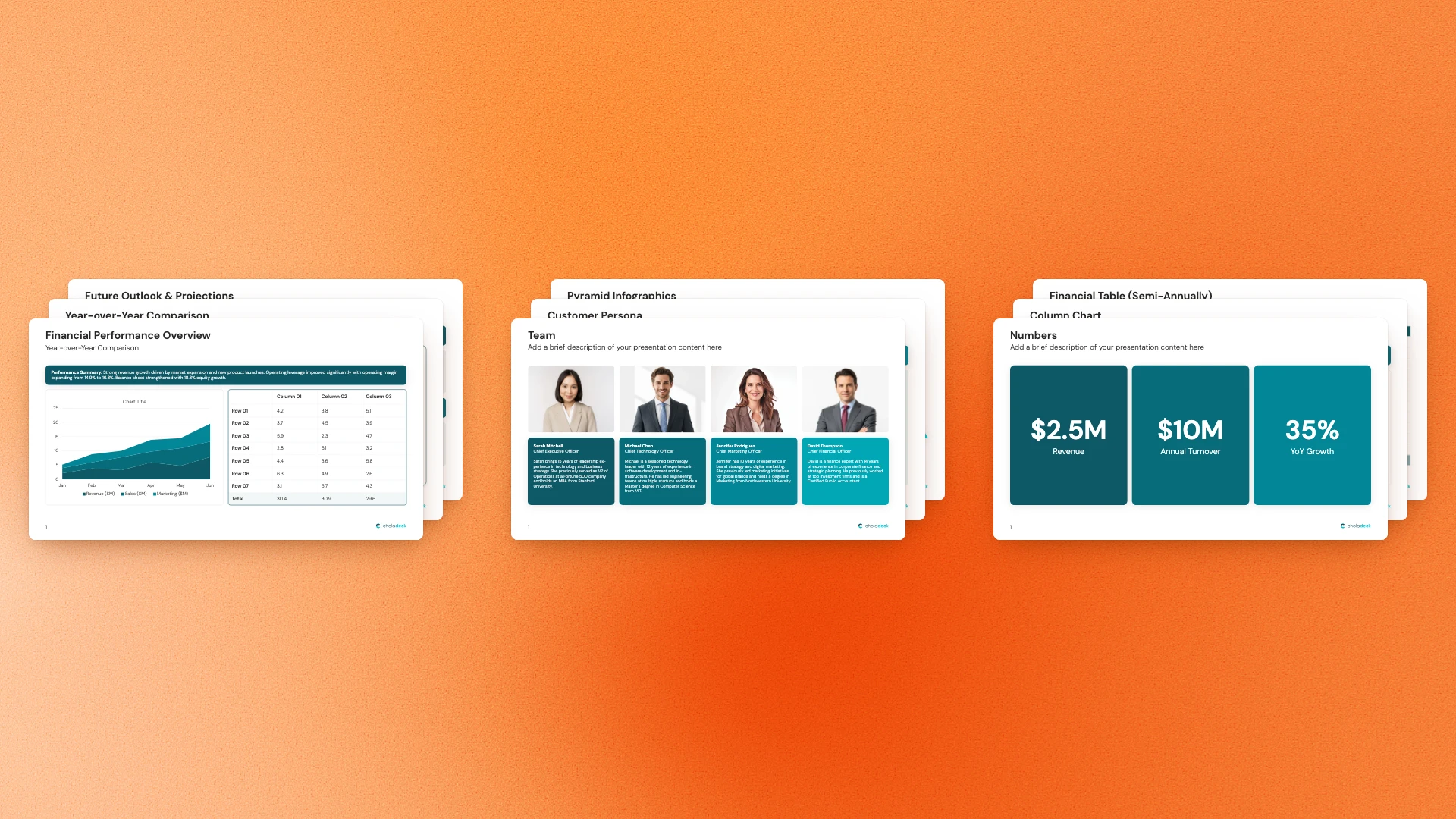 Stacks of finance, team and numbers slides that share one brand