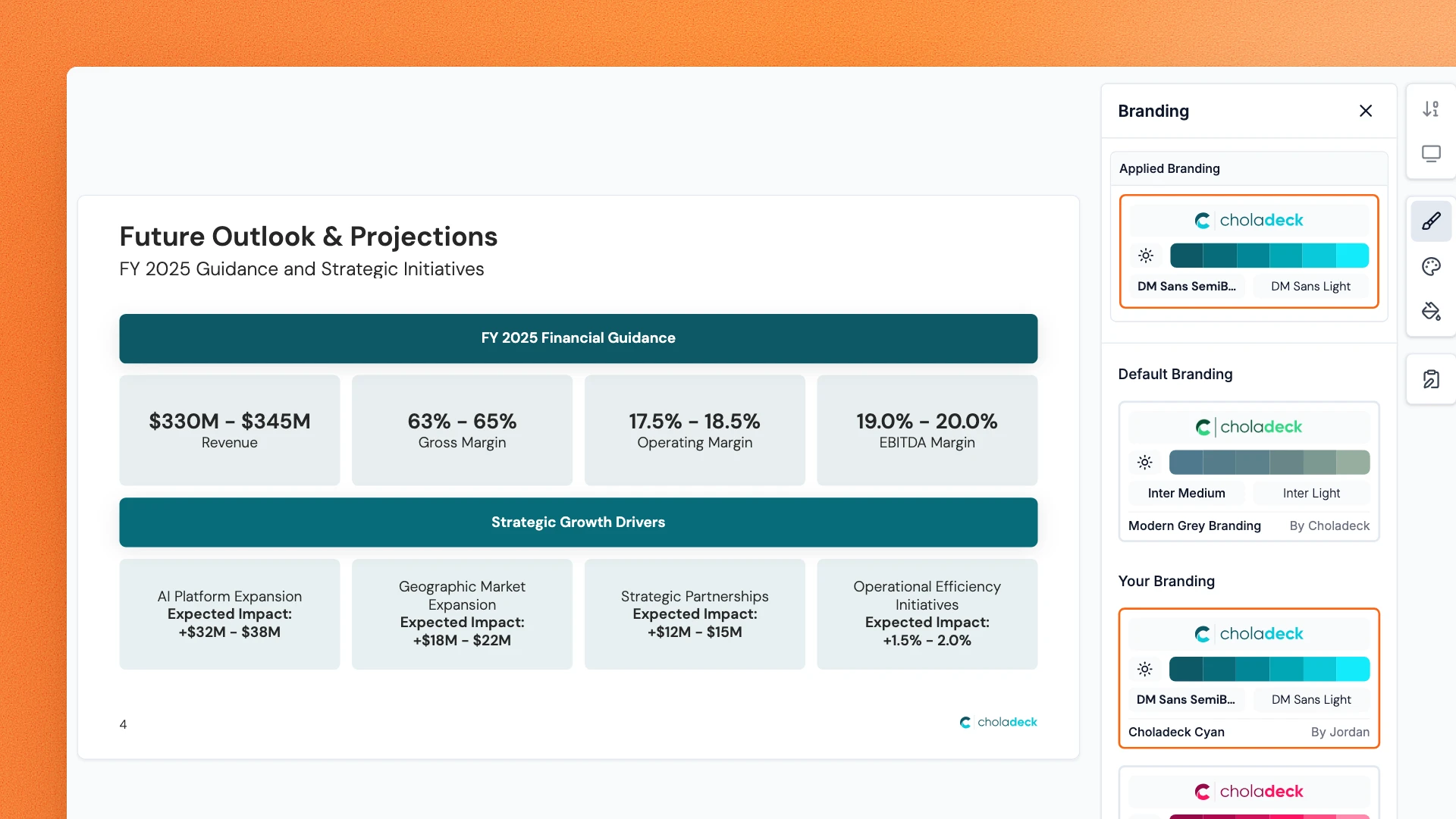 Future Outlook slide in the Choladeck editor with the Branding panel open and a brand applied