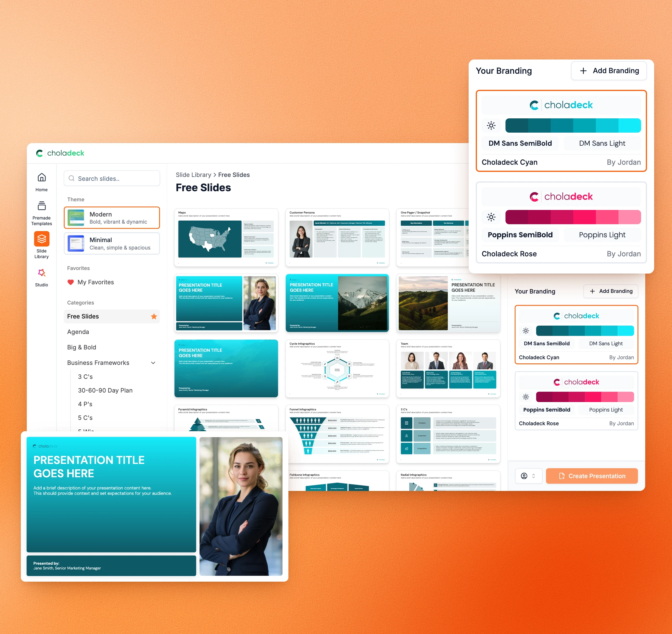 Choladeck Slide Library in a brand’s colors, with saved brands in the Branding panel and a branded title slide