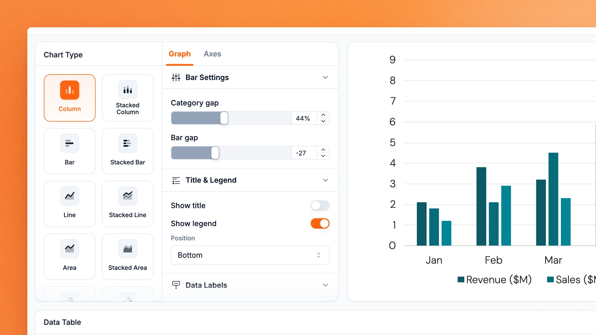 Chart Type picker with Column selected, beside the chart’s bar, legend and label settings