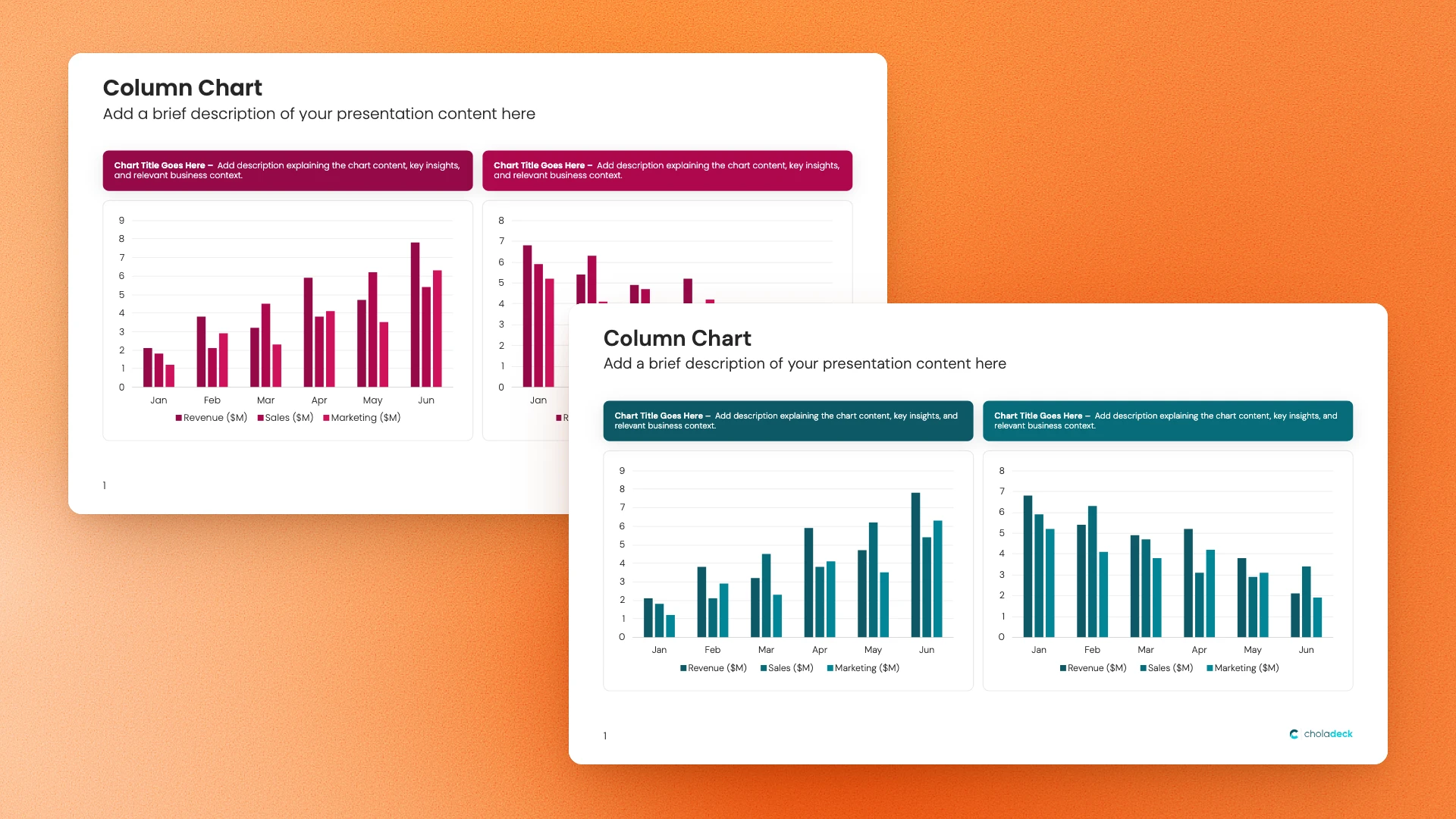 The same column chart slide in a rose brand and in a cyan brand