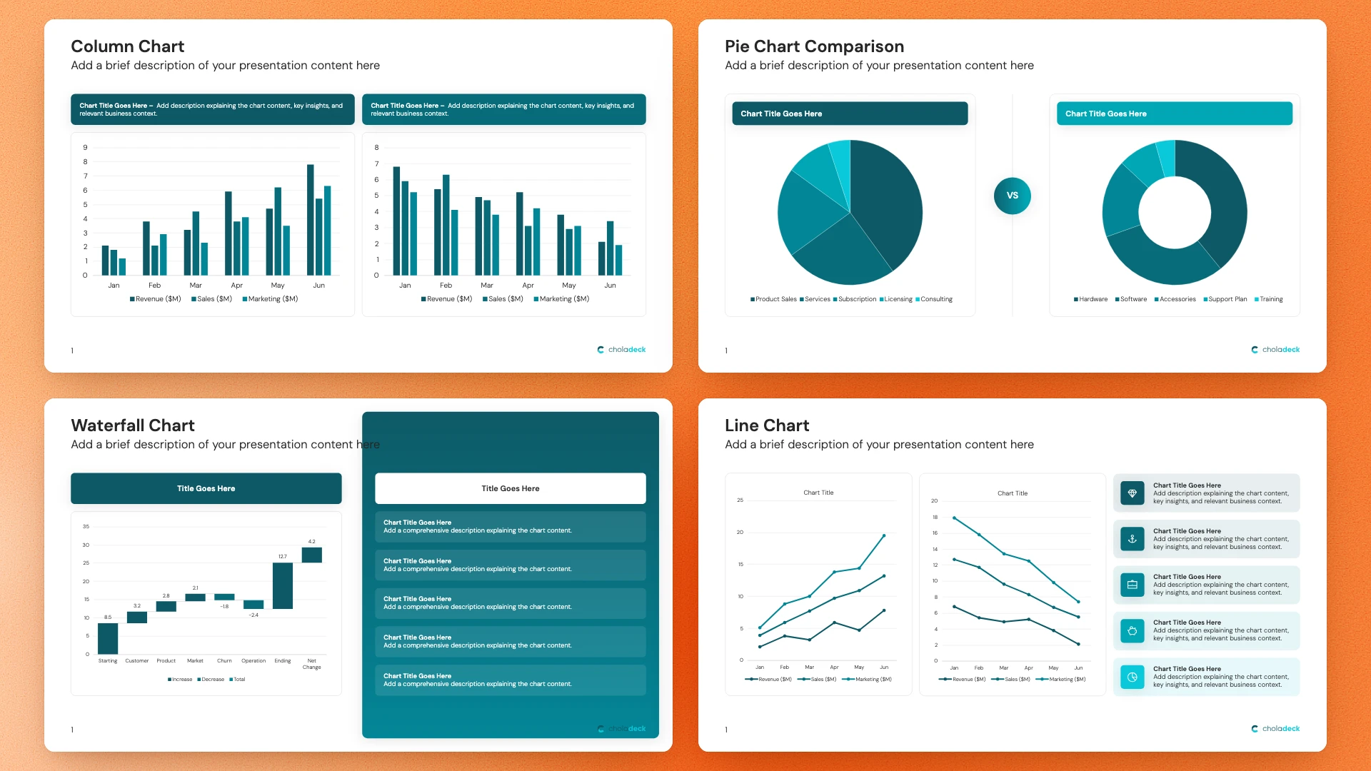 Chart slides: column, pie comparison, waterfall and line charts