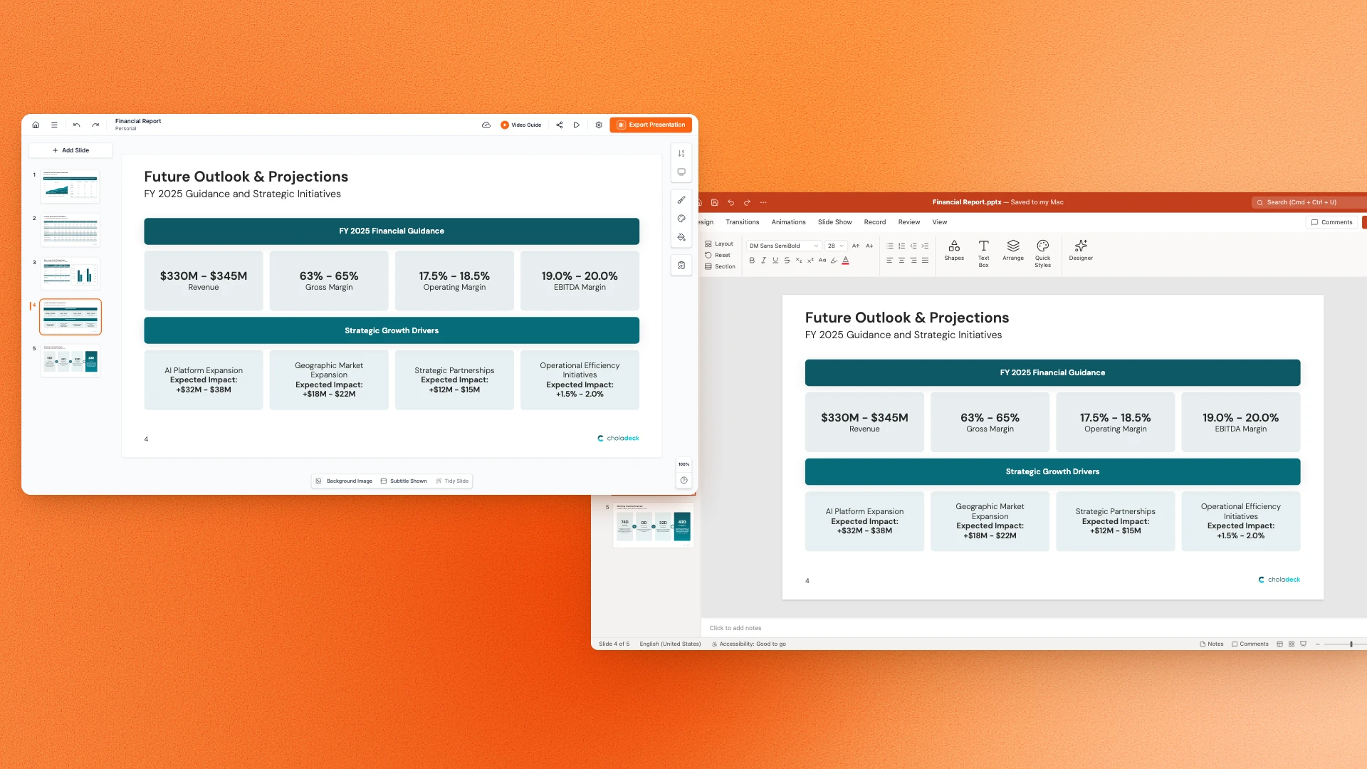 A Choladeck slide and the same slide opened in PowerPoint, with its formatting unchanged