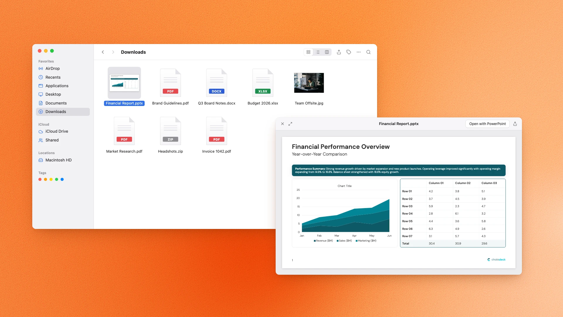 The exported Financial Report.pptx in the Downloads folder, with a preview of its first slide