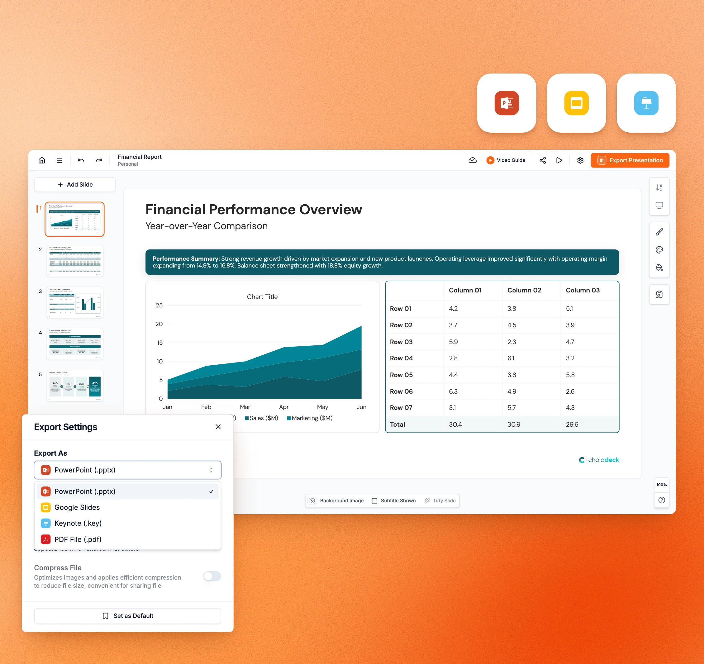 Finance deck in the Choladeck editor with Export Settings open: PowerPoint, Google Slides, Keynote and PDF