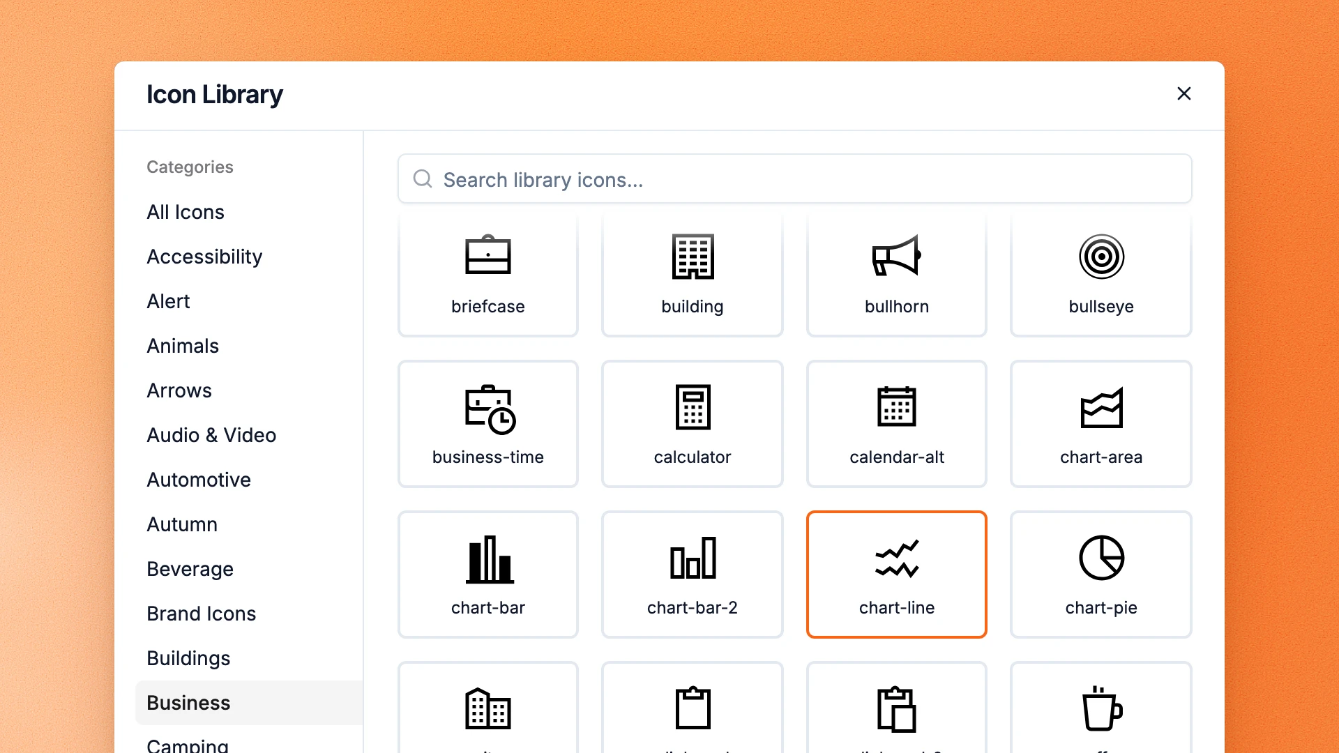 Choladeck Icon Library showing business icons by category