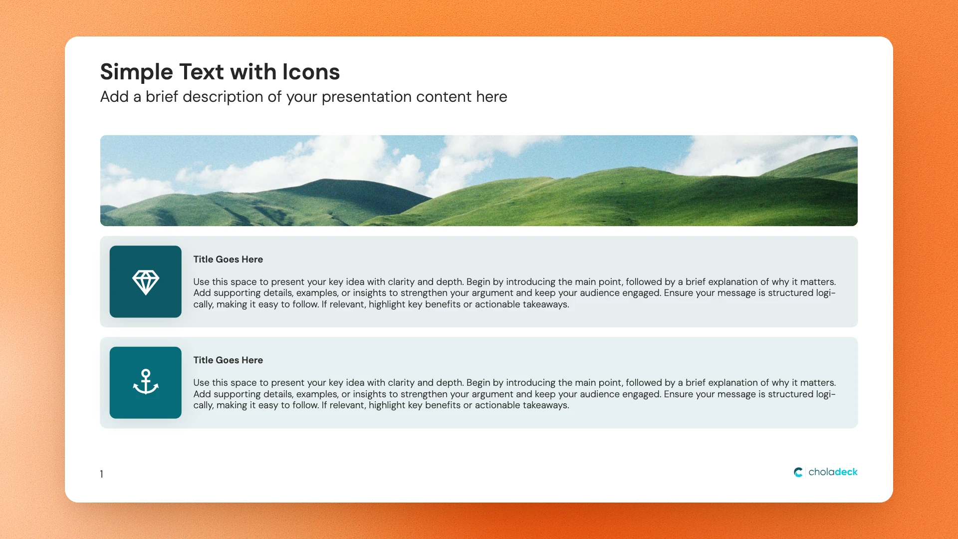 Simple Text with Icons slide with a landscape photo and icon tiles