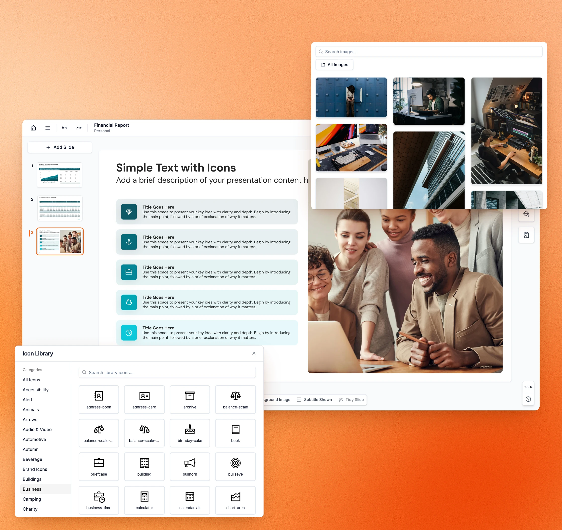 Simple Text with Icons slide in the Choladeck editor, with the image library and the icon library open