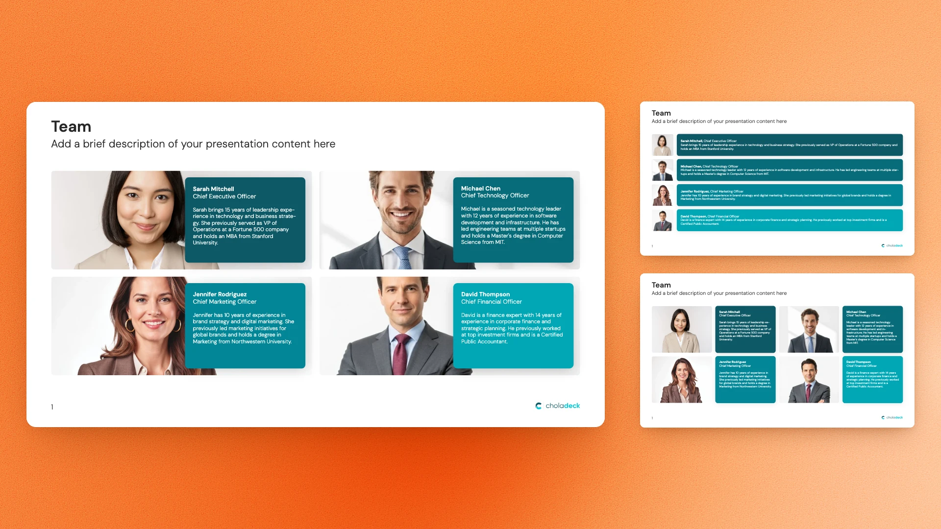 The Team slide in different layouts: photo grid, list and cards