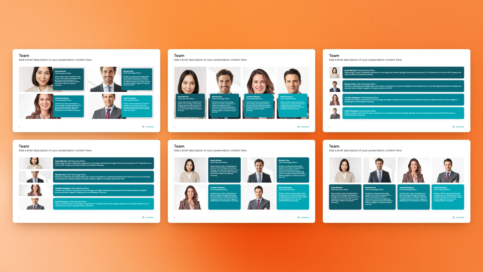 Team slide versions with different point counts and layouts, all in the same design