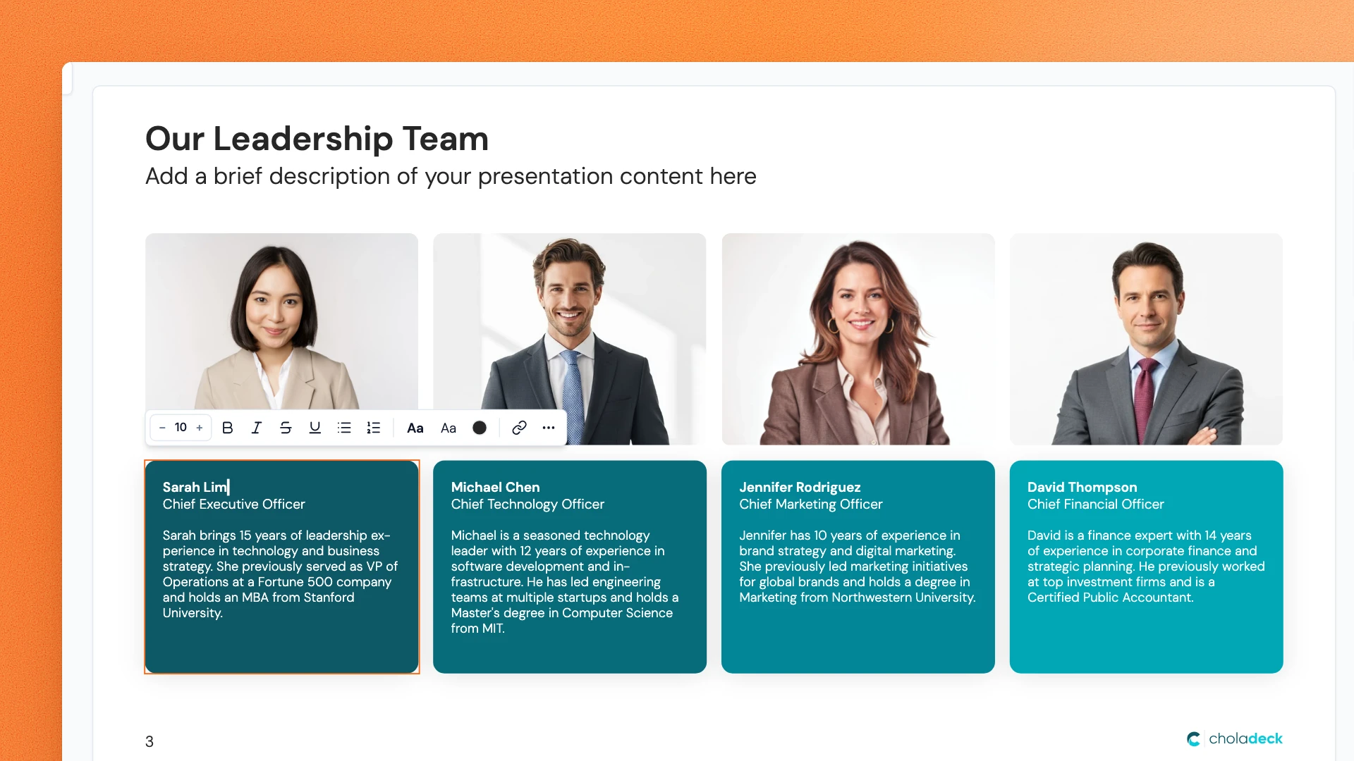 Our Leadership Team slide being edited in Choladeck, names typed into a ready-made layout