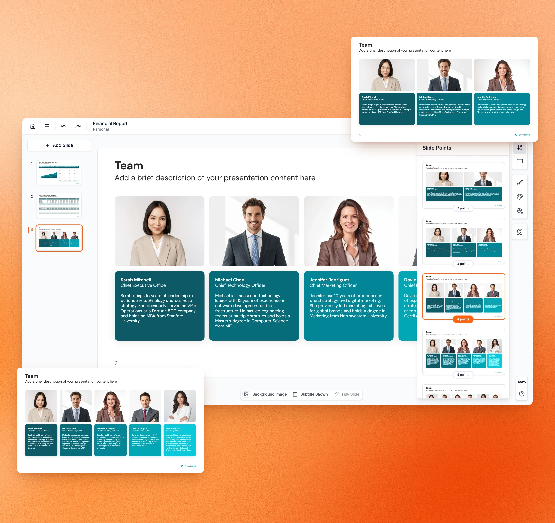 Team slide in the Choladeck editor with the Slide Points panel, and its 3-person and 5-person versions