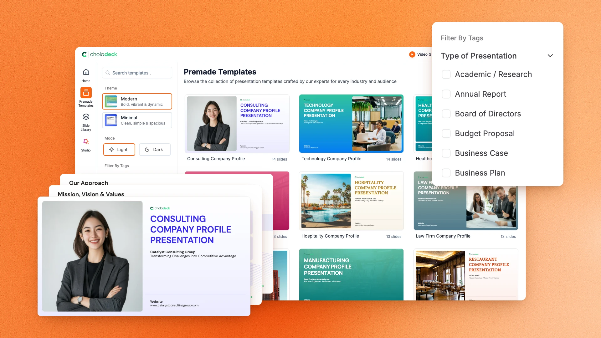 Choladeck premade templates with the Type of Presentation filter and the Consulting Company Profile deck shown larger