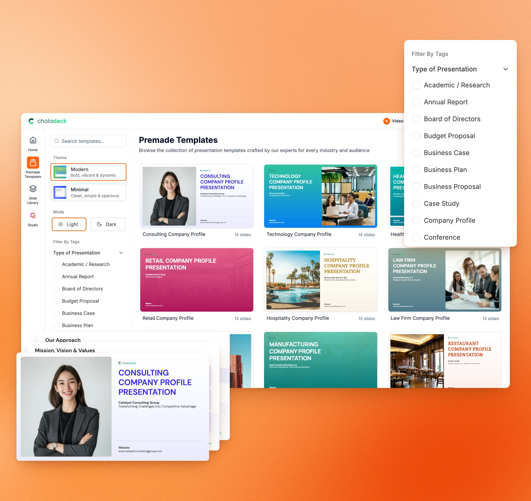 Choladeck premade presentation templates, with the presentation type filter and a consulting company profile template’s title slide