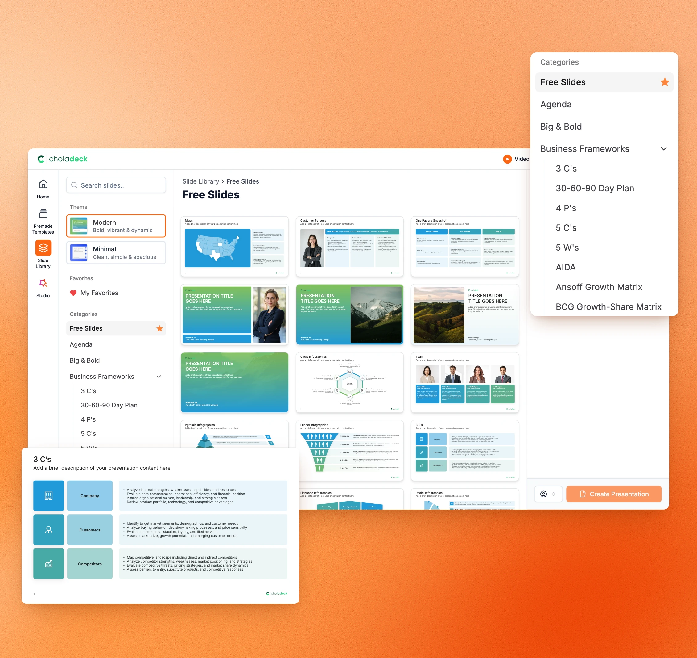 Choladeck slide library on Free Slides, with the slide category list and a 3 C’s model slide